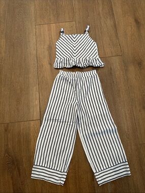 Kids Striped Crop Top & Wide Leg Set - Navy & White